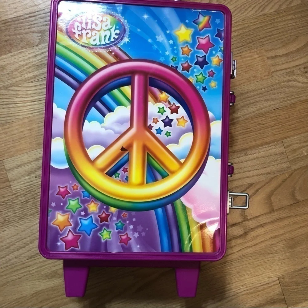 Vintage Lisa Frank Rolling Luggage Peace Sign Handle Purple Pink Rainbow